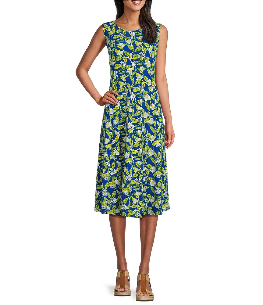 Multiples Floral Print Slub Knit Scoop Neck Sleeveless Fit & Flare Midi Dress