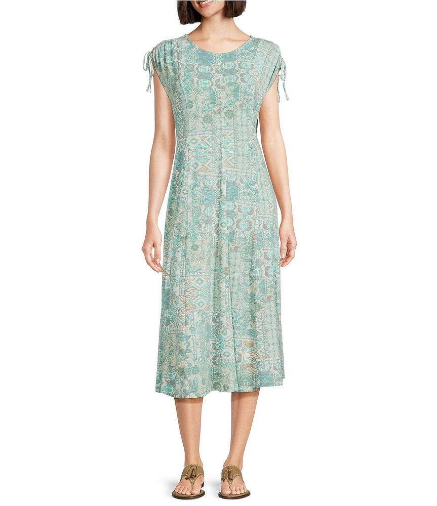 Multiples Slub Knit Printed Scoop Neck Cap Sleeve Multi Panel Fit & Flare Midi Dress