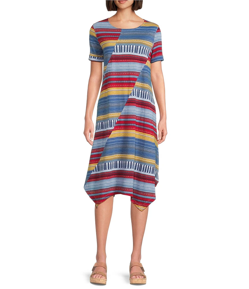 Multiples Slub Knit Printed Scoop Neck Short Sleeve Handkerchief Hem Fit & Flare Midi Dress