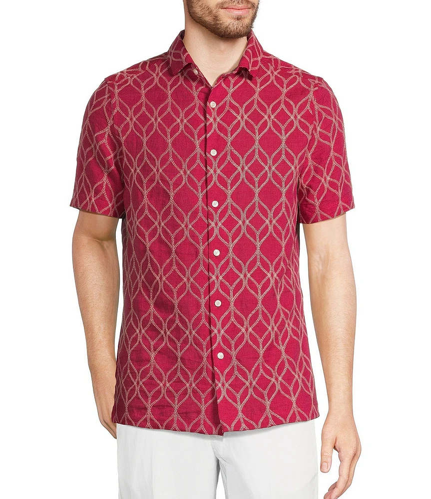 Murano Baird McNutt Linen Embroidered Short Sleeve Convertible Camp Collar Woven Shirt