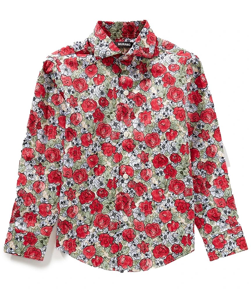 Murano Big Boys Long Sleeve Rose Print Button Front Top