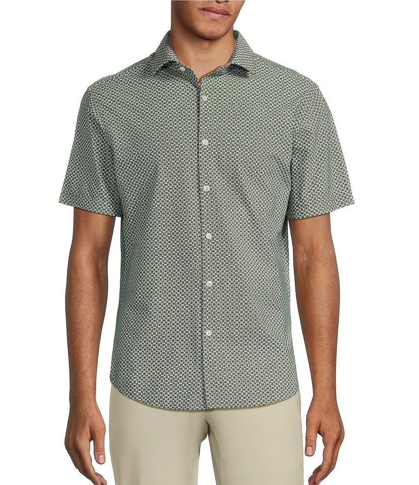 Murano Collezione Slim Fit Square Print Performance Stretch Short Sleeve Woven Shirt