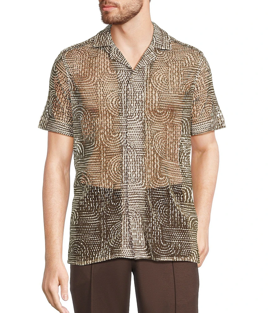 Murano Crocodile World Collection Open Weave Line Print Camp Collar Woven Shirt