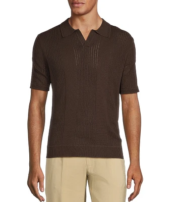 Murano Crocodile World Collection Pointelle Johnny Collar Short Sleeve Sweater Knit Shirt