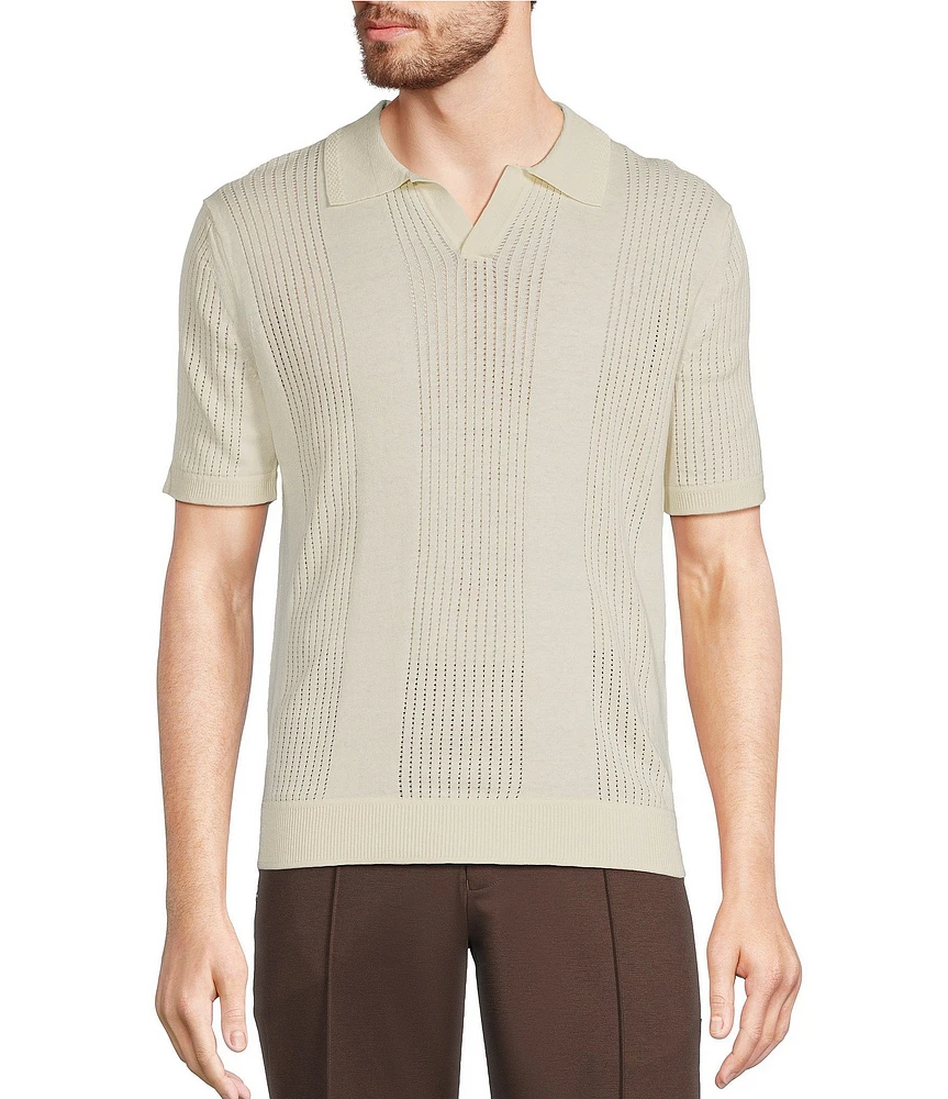 Murano Crocodile World Collection Pointelle Johnny Collar Short Sleeve Sweater Knit Shirt