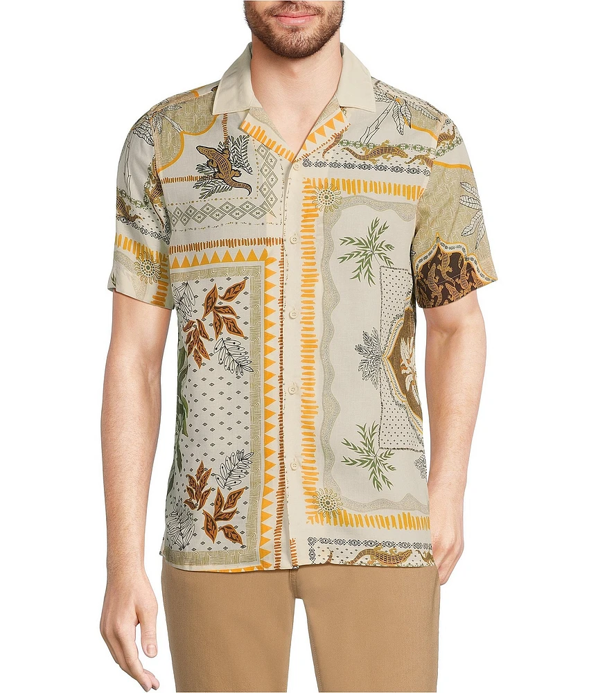 Murano Crocodile World Collection Slim Fit Placed Bandana Print Short Sleeve Woven Camp Shirt