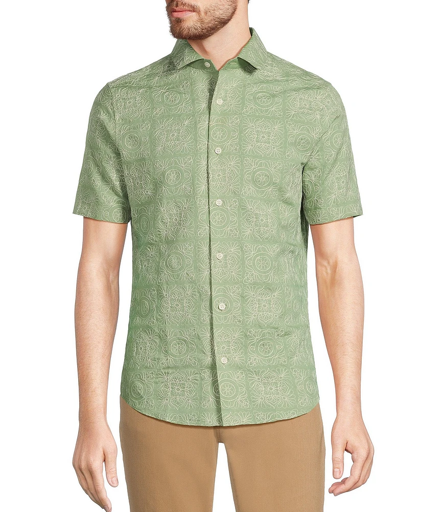 Murano From The Garden Collection Slim Fit Allover Embroidered Short Sleeve Woven Convertible Camp Shirt