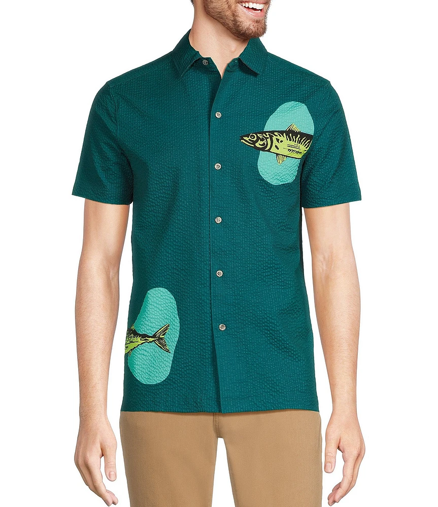 Murano Shape of Water Collection Slim Fit Placed Fish Print Seersucker Short Sleeve Convertible Camp Shirt