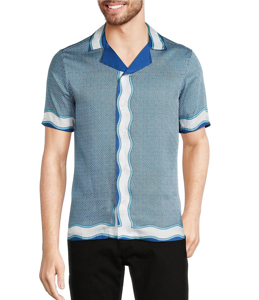 Murano Shape of Water Collection Slim Fit Placed Pattern Short Sleeve Woven Camp Shirt
