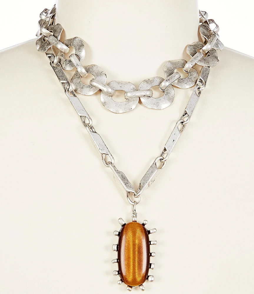 Natasha Accessories 2 Row Chain Metal Stone Drop Statement Necklace