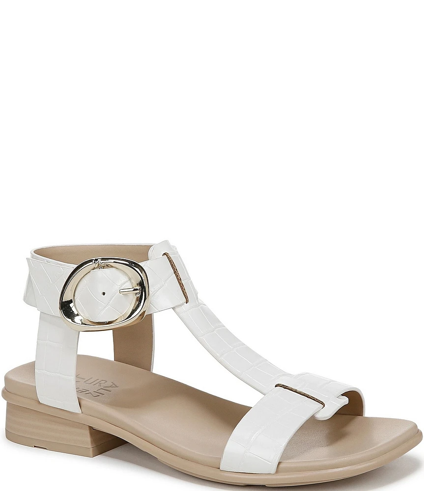 Naturalizer Brandy Patent Croco Embossed Big Buckle Hardware T-Strap Ankle Wrap Sandals