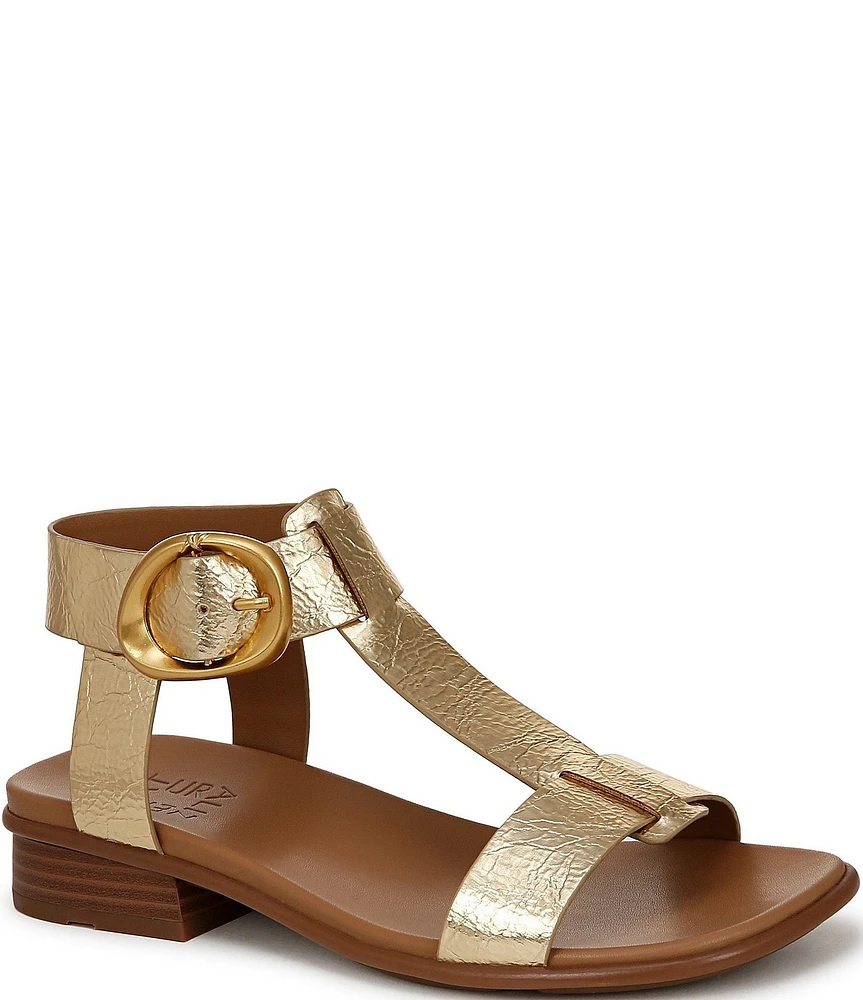 Naturalizer Brandy Metallic Big Buckle Hardware T-Strap Ankle Wrap Sandals