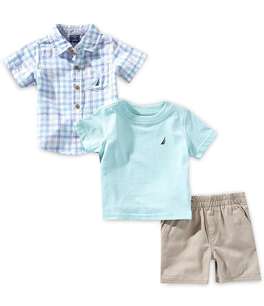 Nautica Baby Boys Point Collar Button Down Shirt, Crewneck T-Shirt & Solid Woven Shorts 3-Piece Set