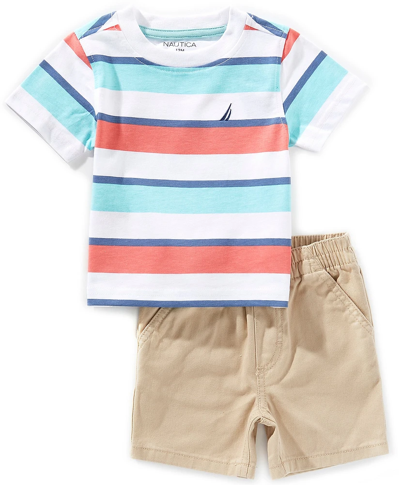 Nautica Baby Boys Short Sleeve Striped Knit T-Shirt & Solid Shorts Set