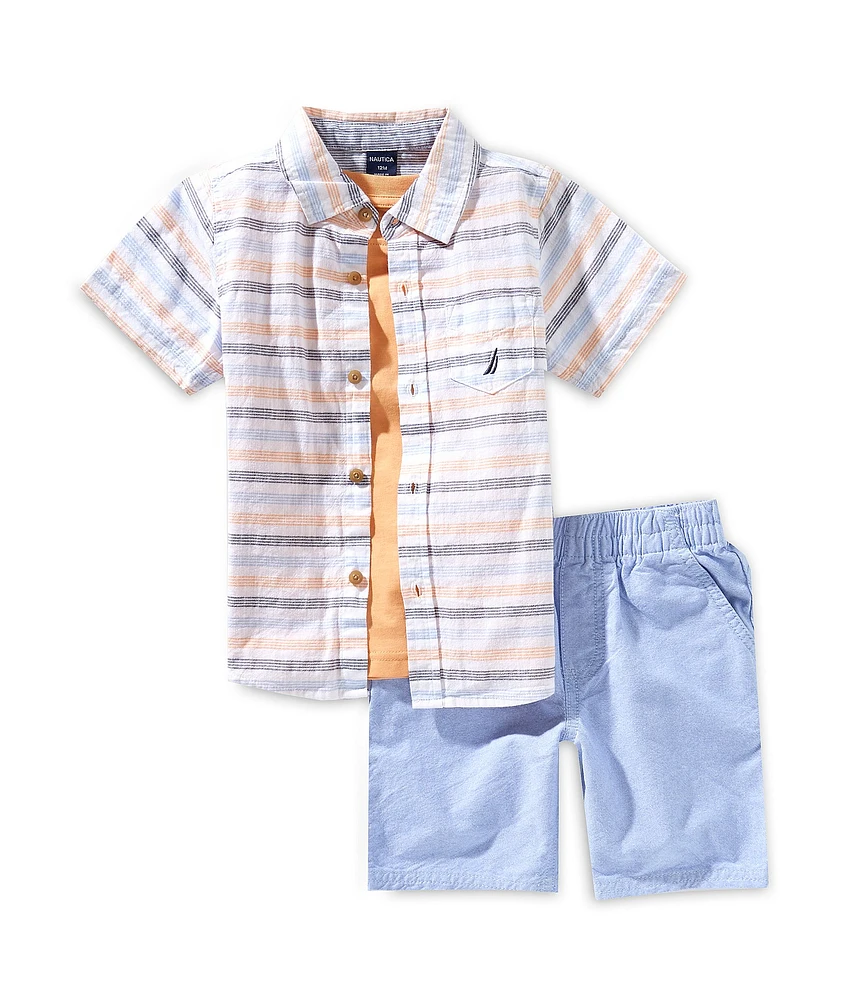 Nautica Baby Boys Striped Point Neck Button Down Shirt, Solid Crewneck T-Shirt & Woven Short 3-Piece Set
