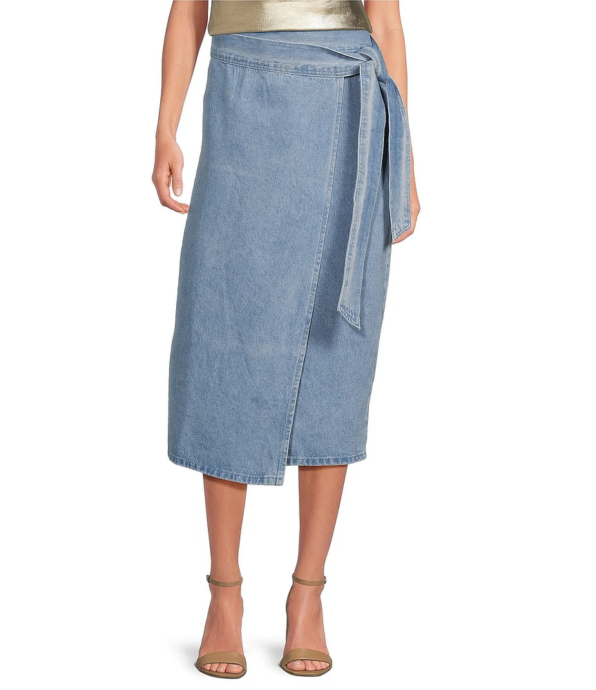 Never Fully Dress Jaspre Denim Tie Wrap Midi Skirt