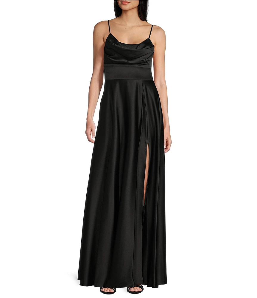 Next Up Satin Cowl Neck Corset Front Slit Long Dress