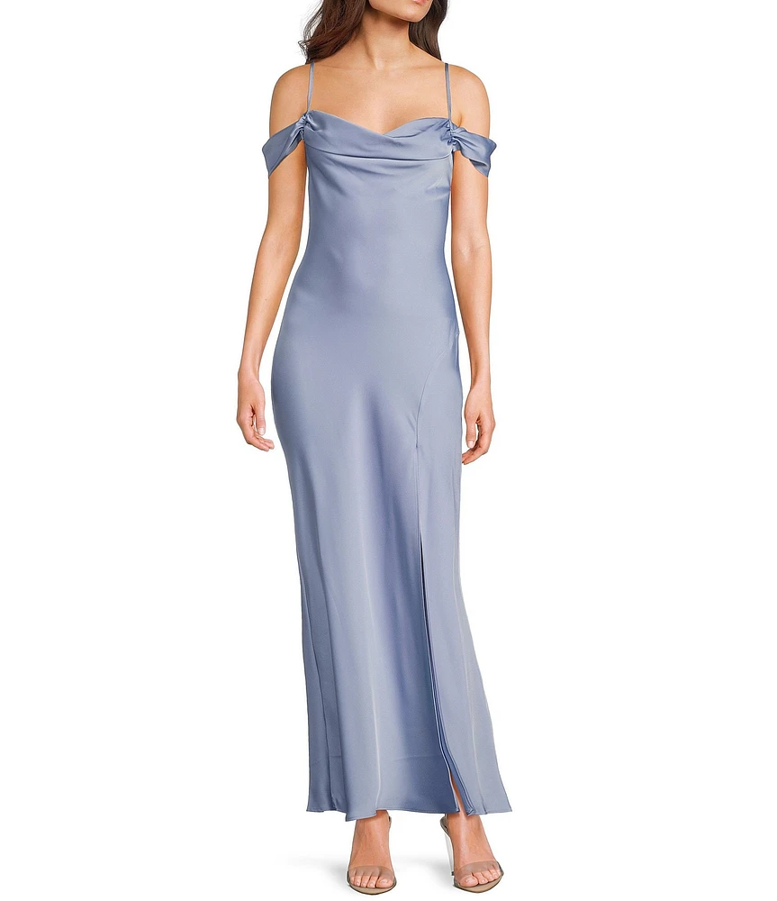 Next Up Cowl Neck Off The Shoulder Spaghetti Strap Front Slit Dress