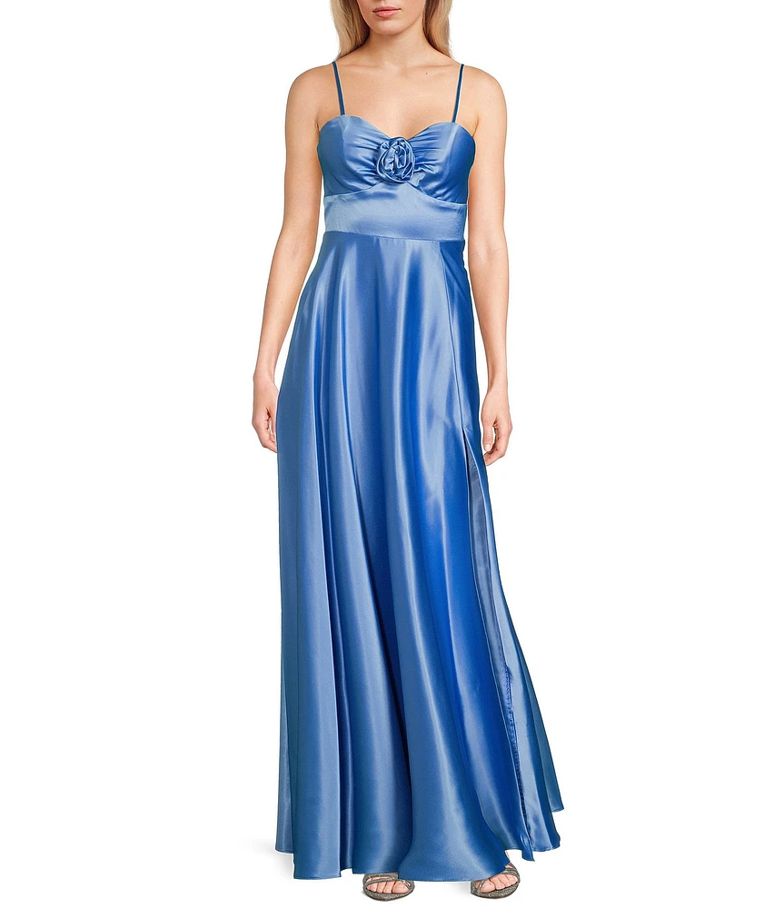 Next Up Floral Sweetheart Neck Adjustable Spaghetti Strap Front Slit Dress