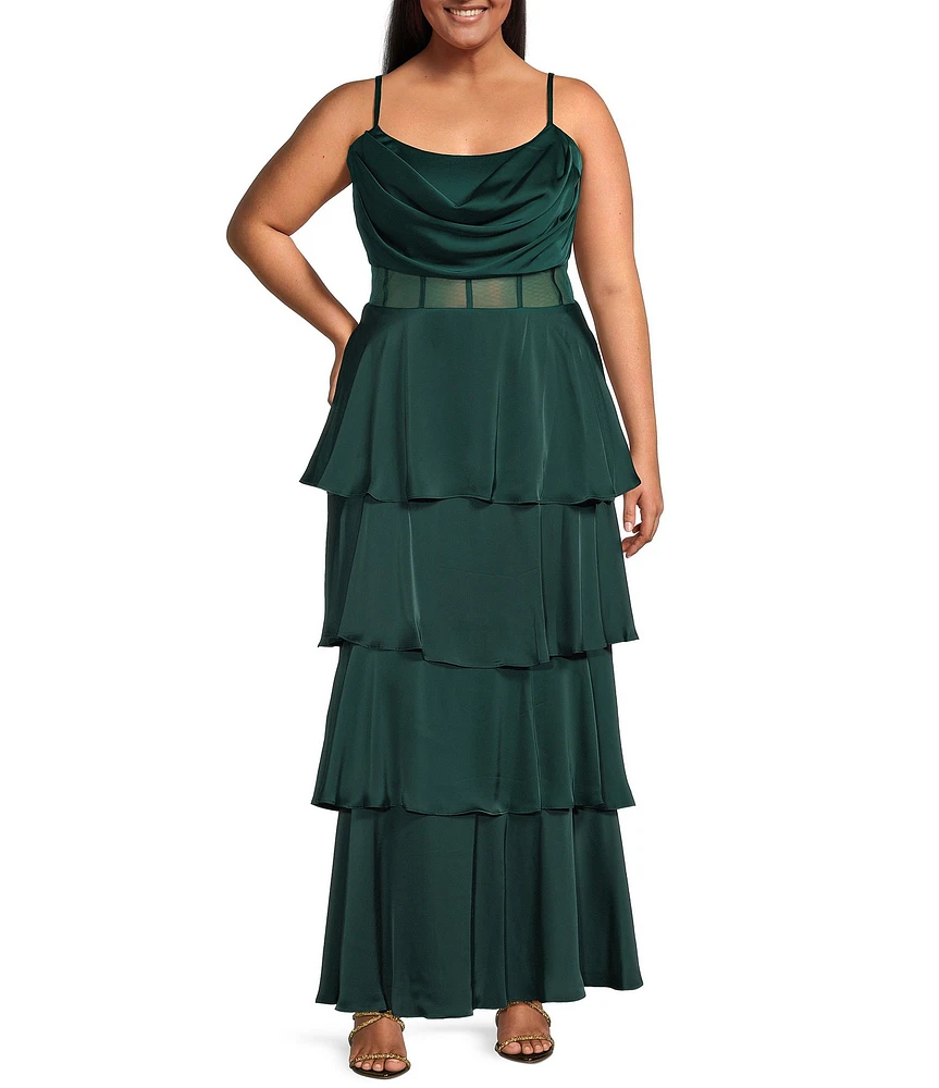 Next Up Plus Size Cowl Neck Spaghetti Strap Mesh Waist Tiered Ruffle Dress