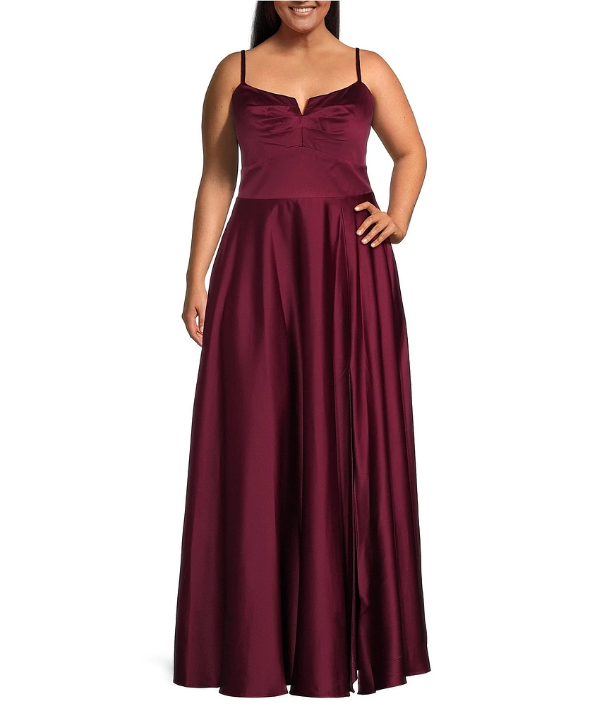 Next Up Plus Size Spaghetti Strap V-Neck Front Slit A-Line Dress