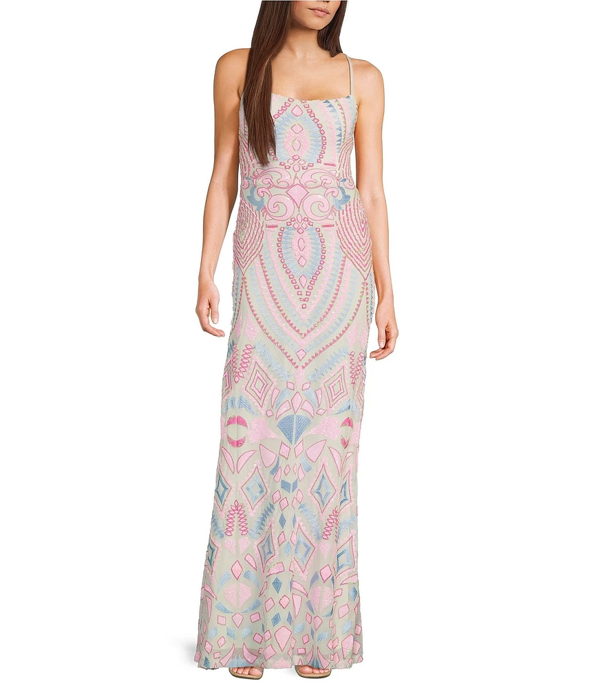 Next Up Printed Scoop Neck Spaghetti Strap Front Slit Dress