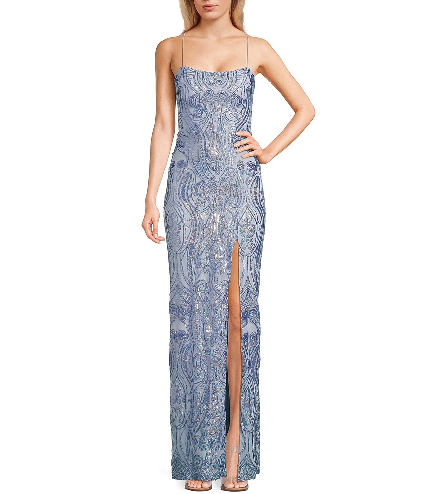 Next Up Printed Sequin Square Neck Front Slit Bungee X-Back Dress