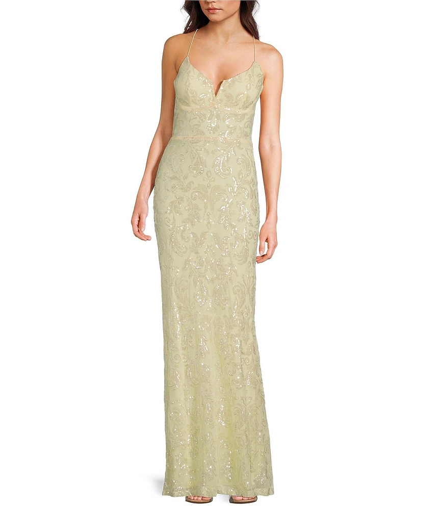 Next Up Printed Sequined Split V-Neck Spaghetti Strap Dress