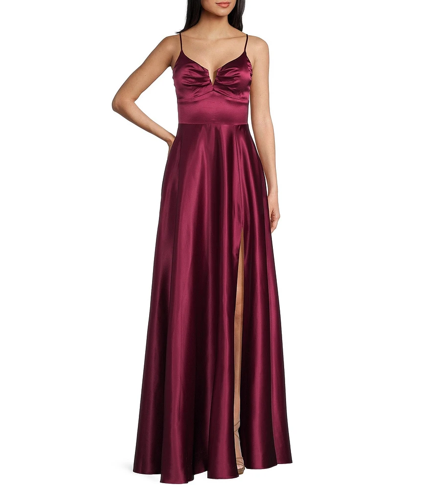 Next Up Spaghetti Strap Notch V-Wire Front Slit Long Dress
