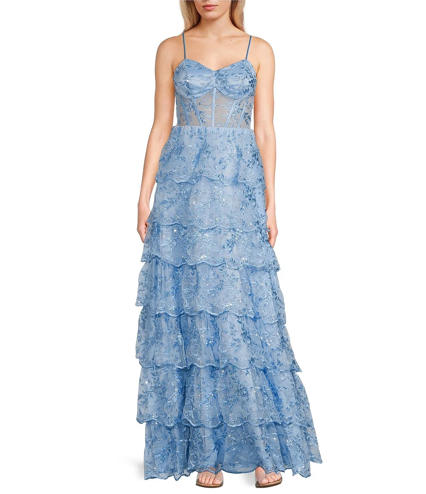 Next Up Spaghetti Strap Sequin Embroidered 7-Scallop Edge Ruffle Dress