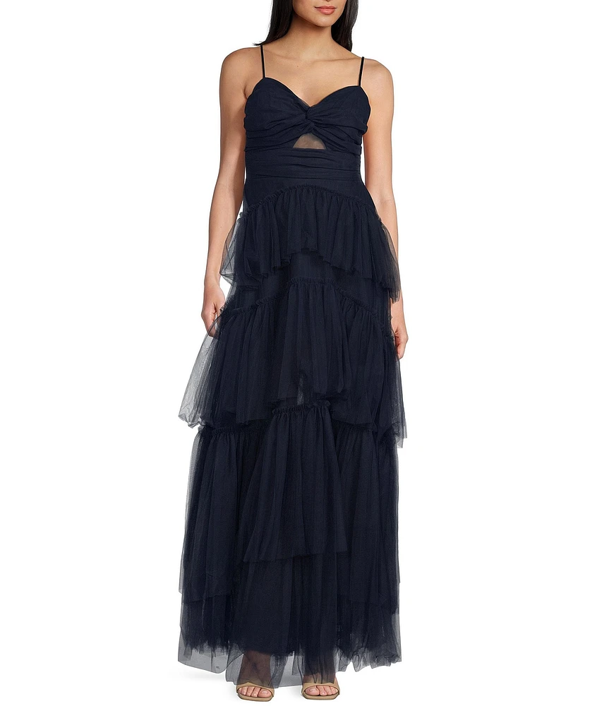 Next Up Twist Front Cut-Out Tiered Tulle Long Dress