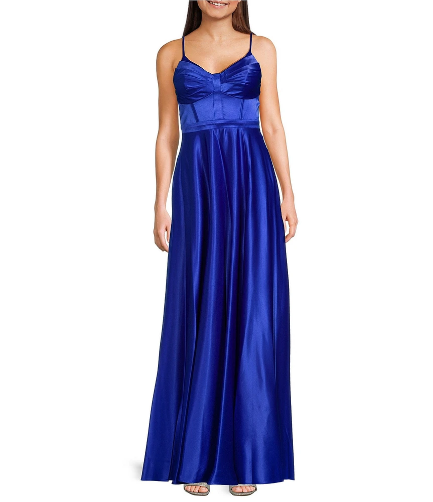 Next Up V-Neck Spaghetti Strap Pleated Bust Front Slit Dress