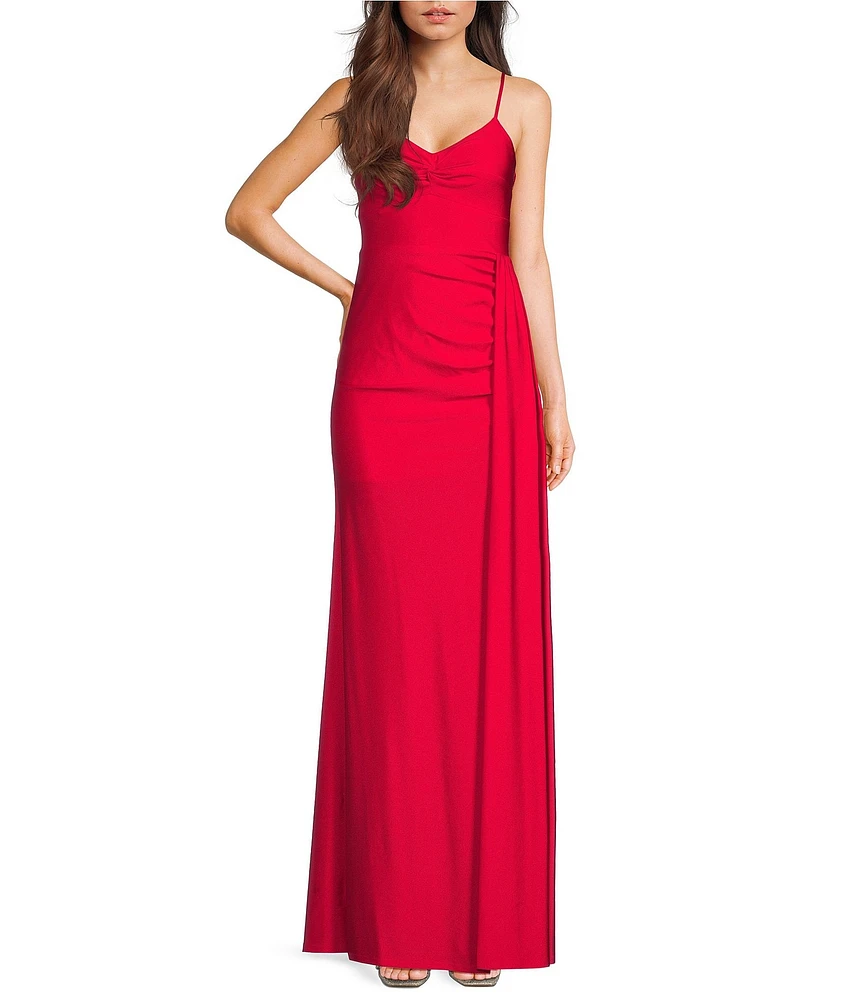 Next Up V-Neck Twist Front Spaghetti Strap Side Slit Dress