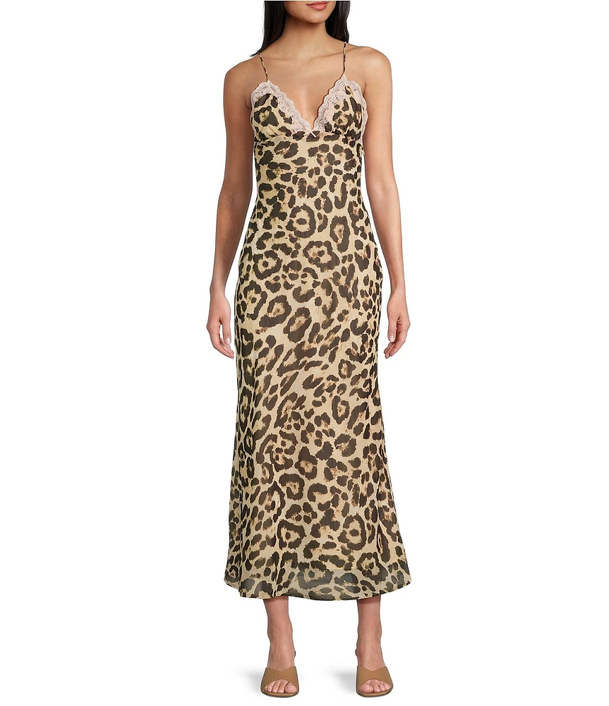 NIA Jasmine Cheetah V-Neck Lace Trim Maxi Dress