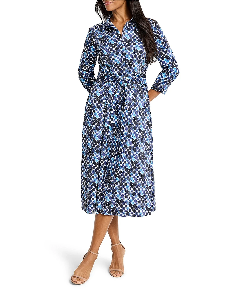NIC + ZOE Blue Bauble Print Front Button Collar 3/4 Sleeve Shirt Midi Dress