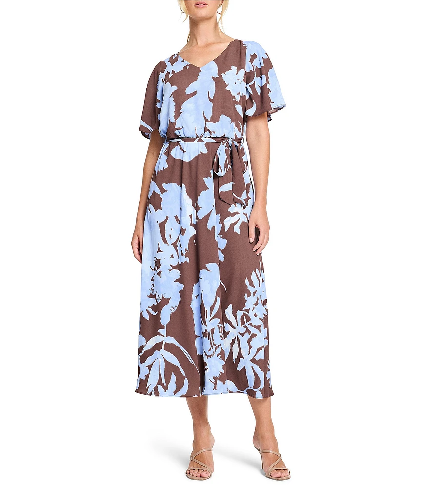 NIC + ZOE Cloud Blossom Brooke V-Neck Elbow Sleeve Midi Dress