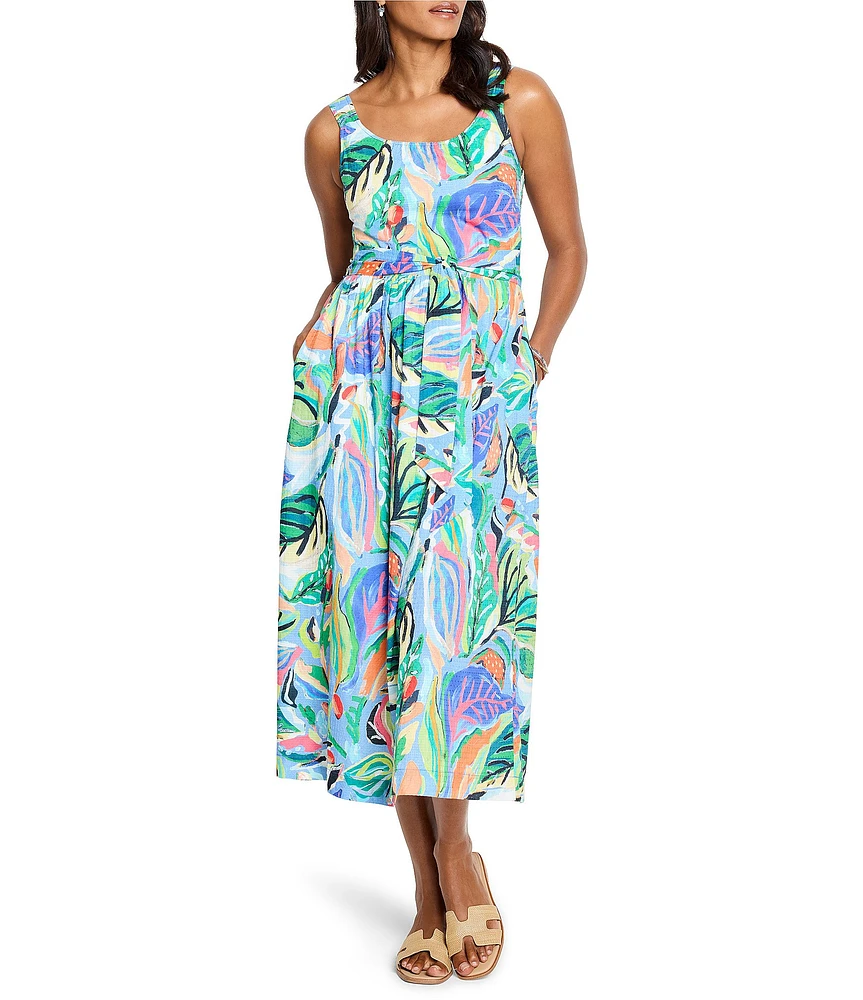 NIC + ZOE Island Tropical Beat Sophie Square Neck Sleeveless Fit-And-Flare Midi Dress
