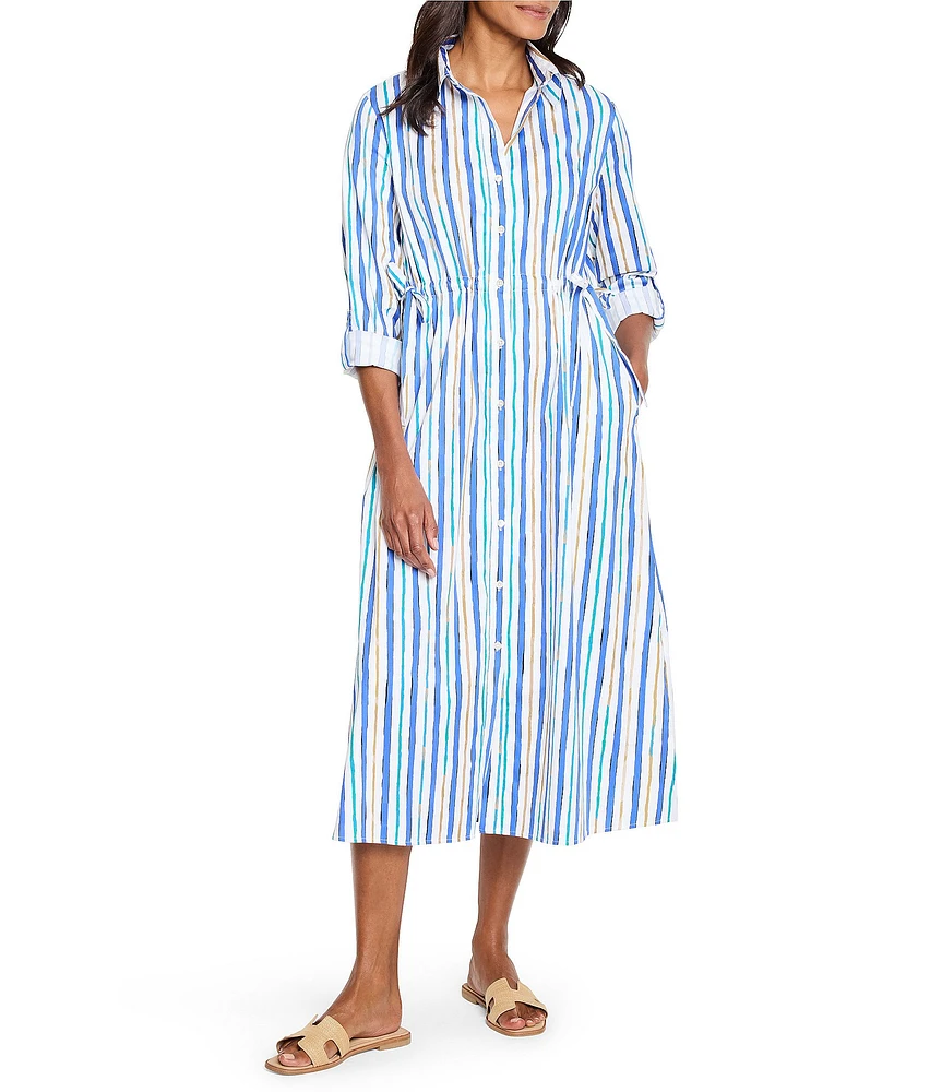 NIC + ZOE Jamie Oasis Stripe Print Point Collar Long Sleeve Shirt Midi Dress