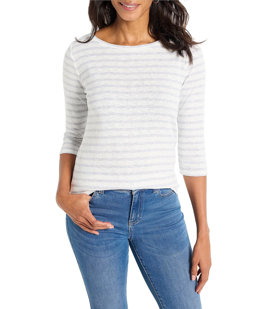 NIC + ZOE Knit Stripe Print Boat Neck 3/4 Sleeve Tee