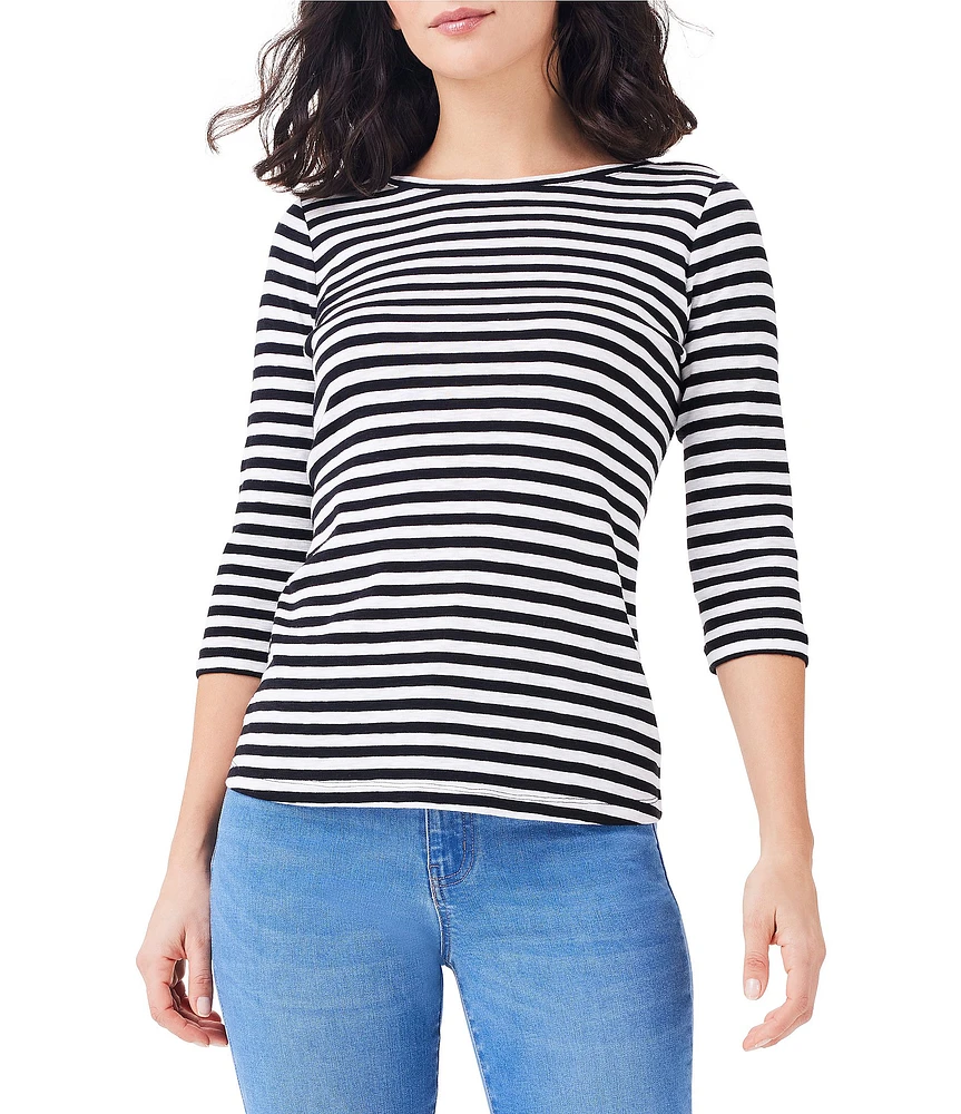 NIC + ZOE NZT Jersey Knit Striped Print Boat Neck 3/4 Sleeve Tee Shirt