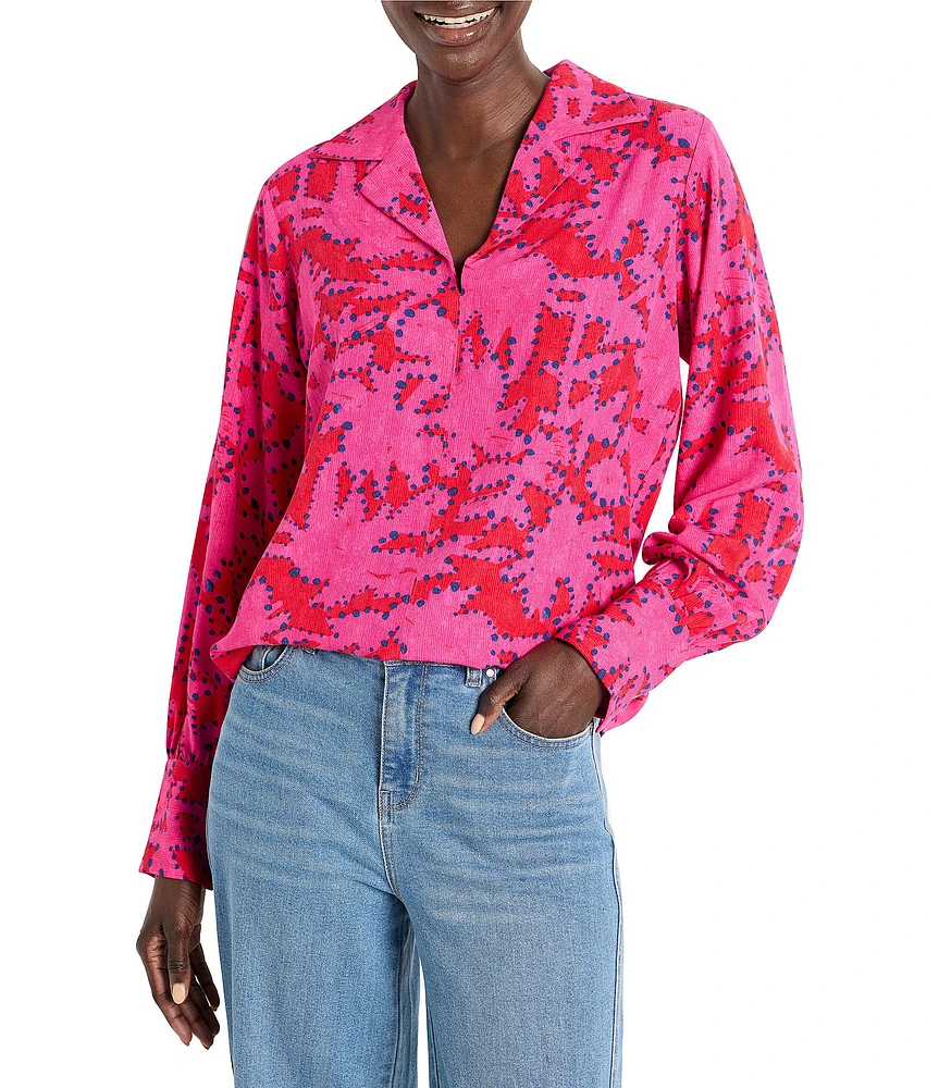 NIC + ZOE Woven Clashy Petals Print Notch Collar V-Neck Long Sleeve Blouse