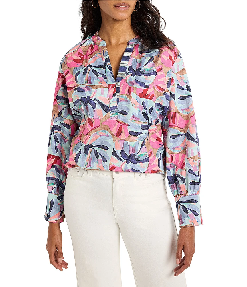 NIC + ZOE Woven Firework Foliage Split Neck Long Sleeve Blouse
