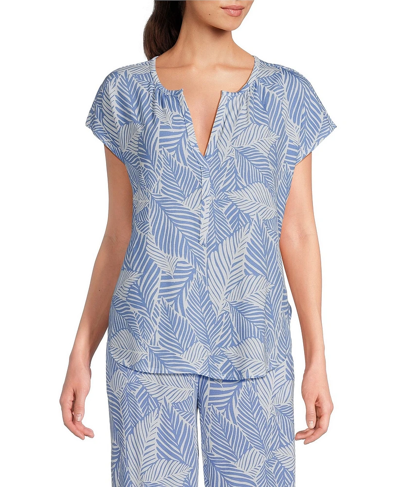 Nottibianche Knit Palm Tropical Print Split Round Neck Cap Sleeve Coordinating Sleep Top