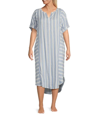 Nottibianche Plus Size Striped Split Round Neck Short Sleeve Woven Caftan