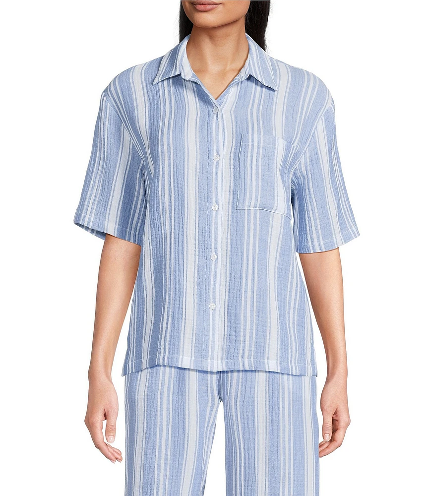 Nottibianche Striped Gauze Short Sleeve Notch Collar Button Front Coordinating Sleep Top