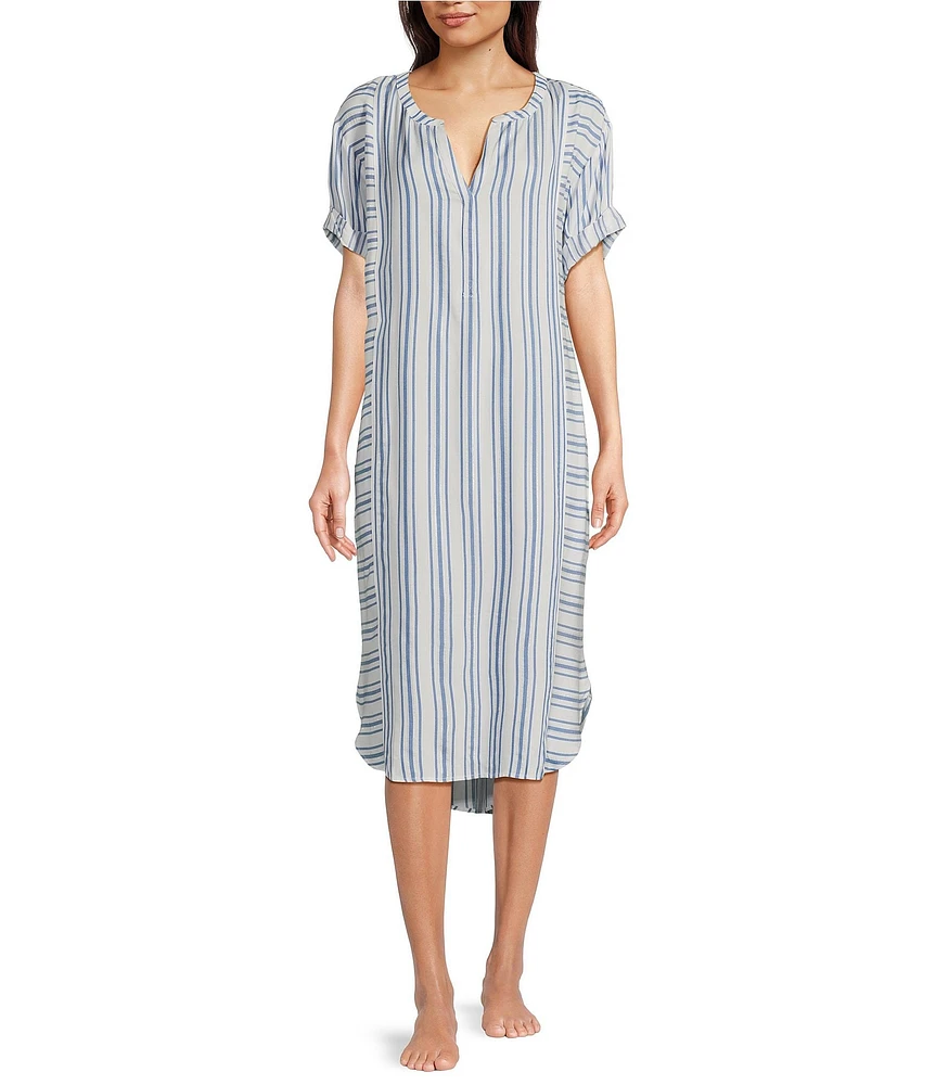 Nottibianche Striped Split Round Neck Short Sleeve Woven Caftan