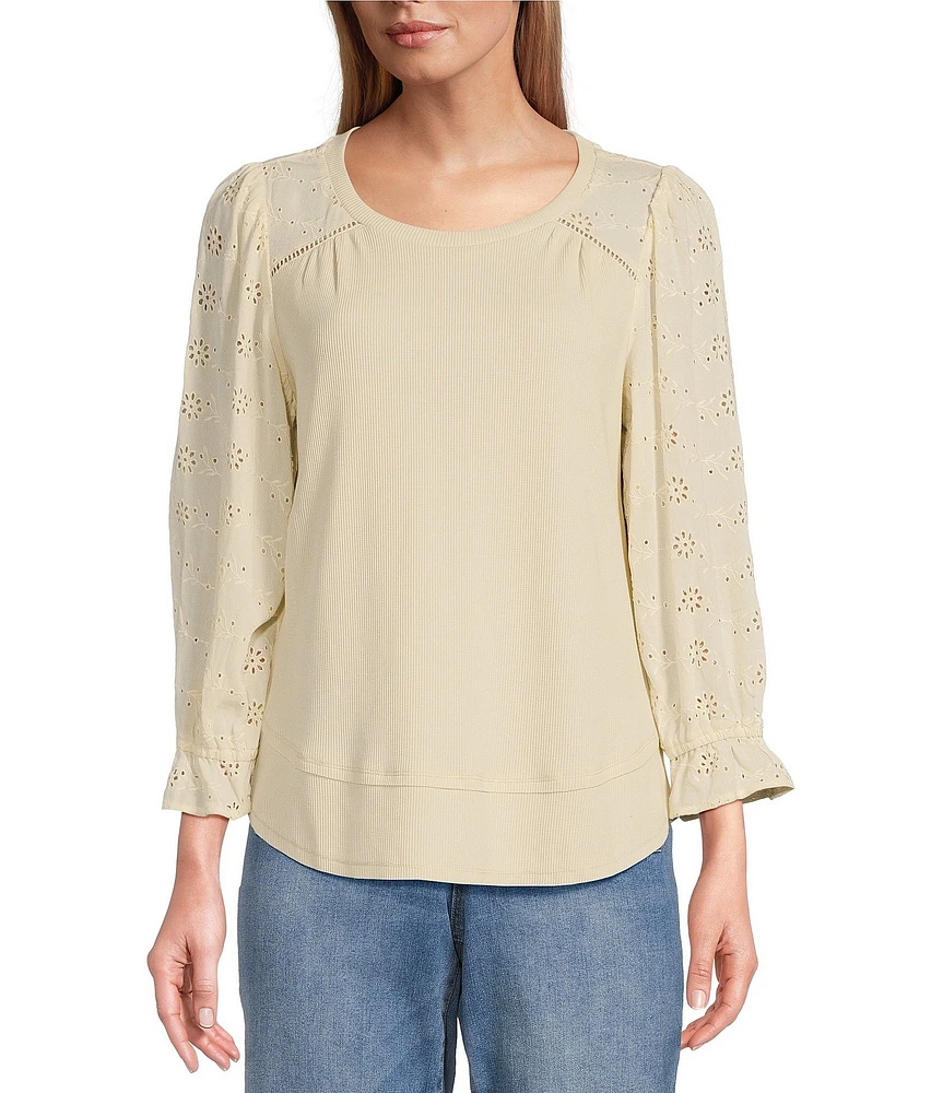 Nurture by Westbound Knit 3/4 Sleeve Crew Neck Eyelet Detail Top