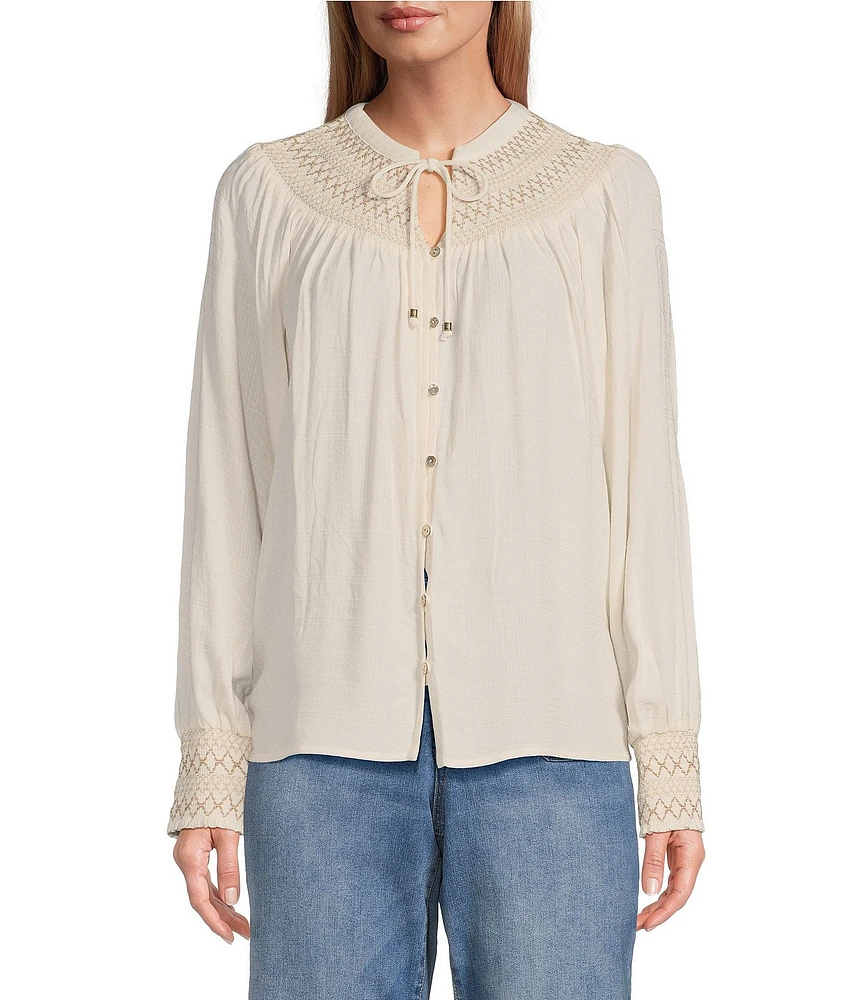 Nurture by Westbound Petite Size Woven Long Sleeve Button Front Novelty Smocking Top