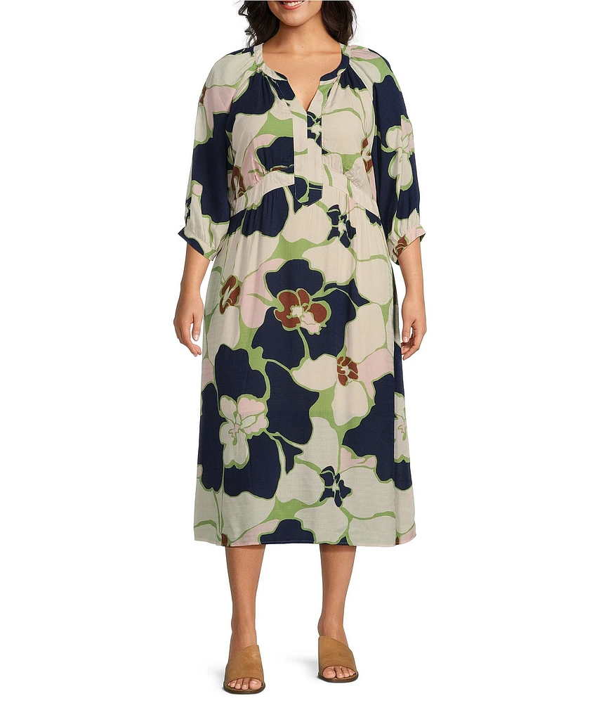 Nurture by Westbound Plus Size Floral V Neck 3/4 Sleeve Midi Dress