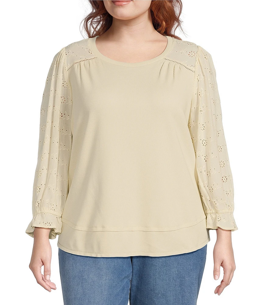 Nurture by Westbound Plus Size Knit 3/4 Sleeve Crew Neck Eyelet Detail Top